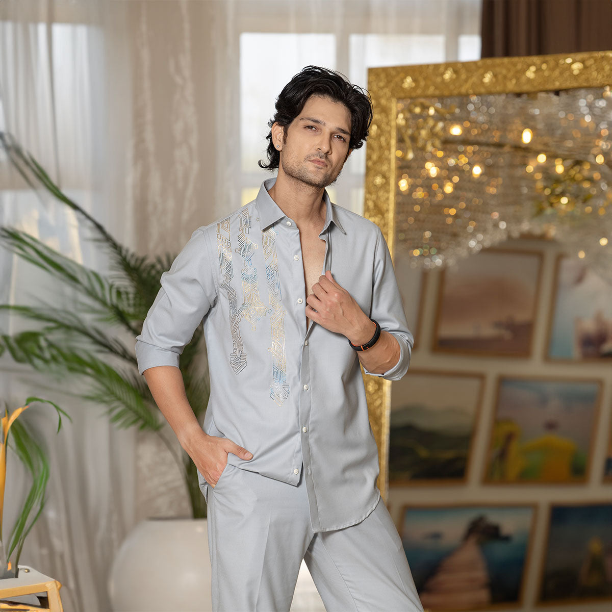 Coord-shirt with embroidery details and matching trousers