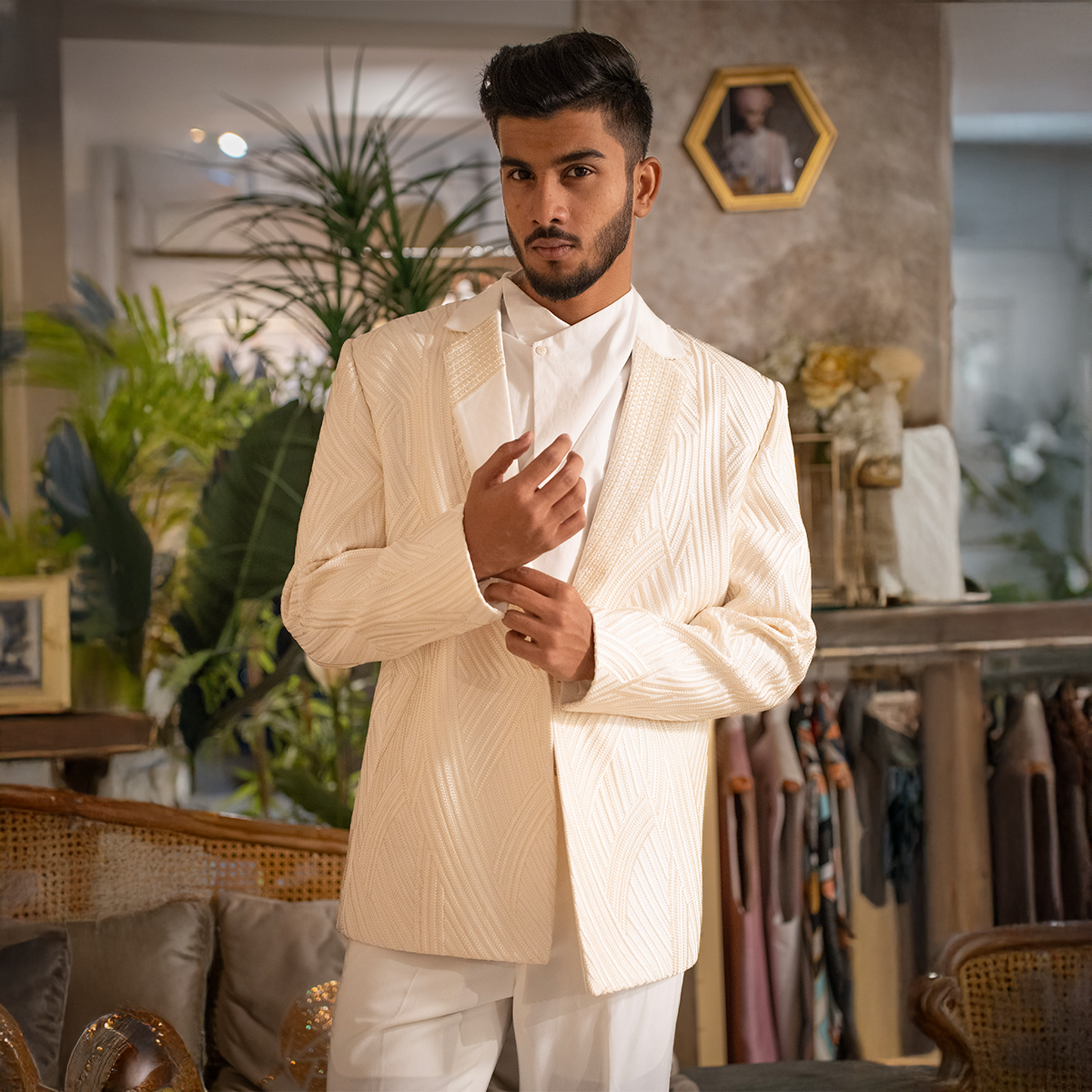 Indowestern style achkan with handwork embellishments