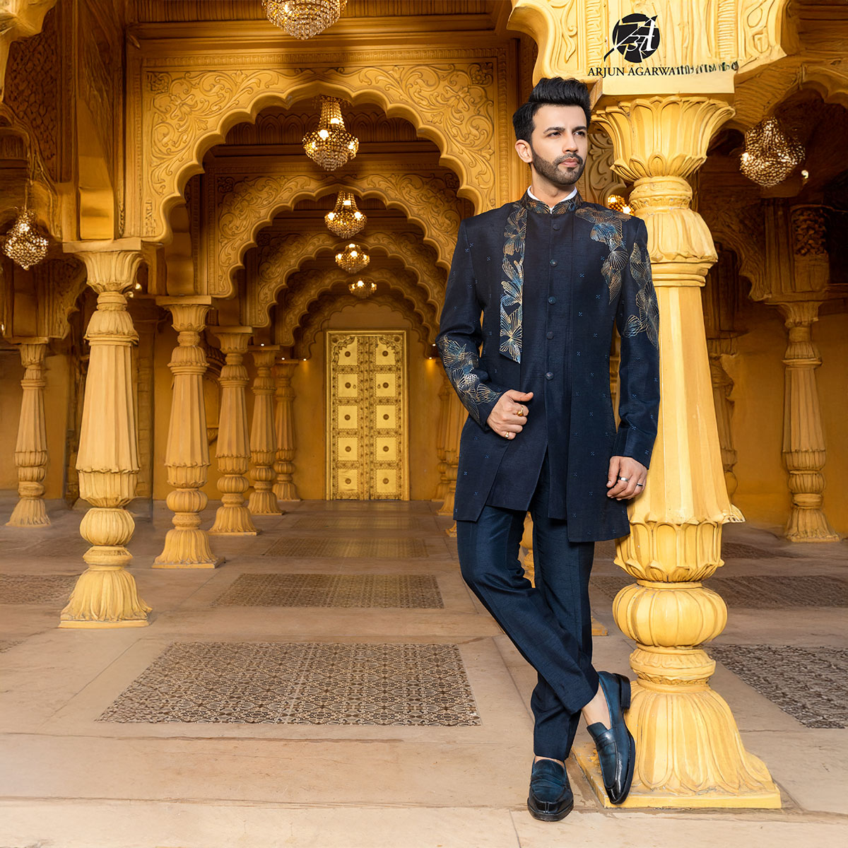 Indowestern style achkan with handwork embellishments