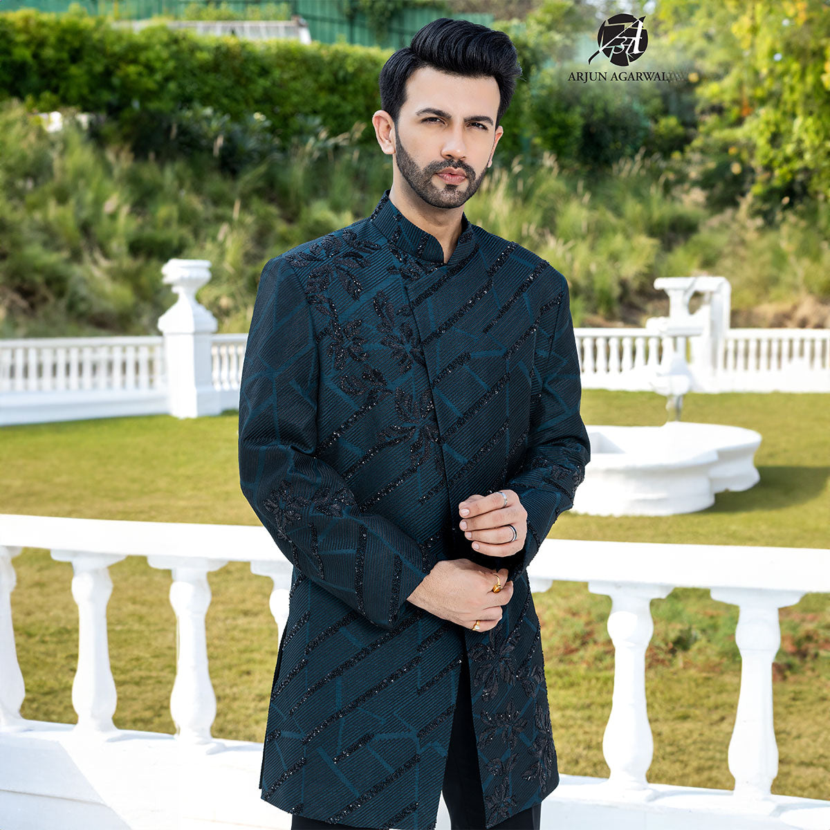 Indowestern style achkan with handwork embellishments