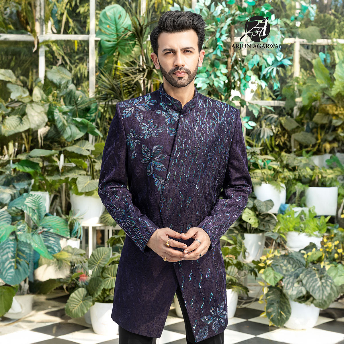 Indowestern style achkan with handwork embellishments