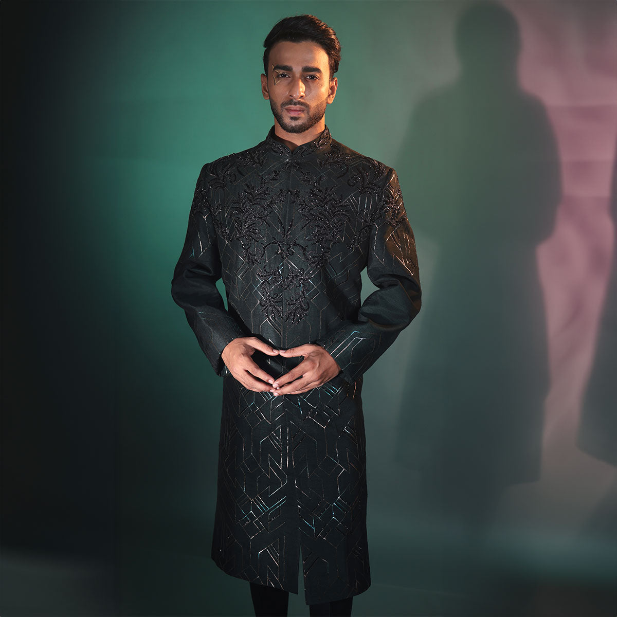 Indowestern style achkan with handwork embellishments