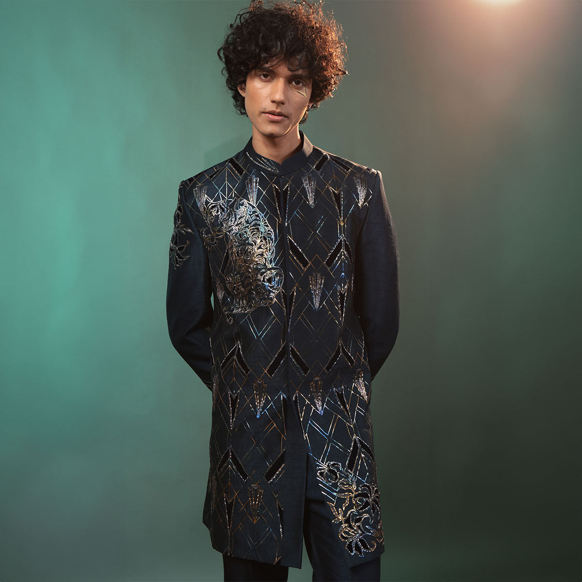 Indowestern style achkan with handwork embellishments