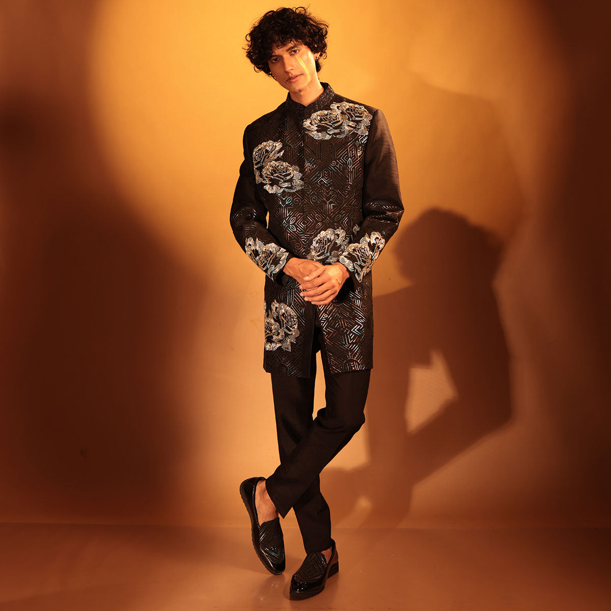 Indowestern style achkan with handwork embellishments