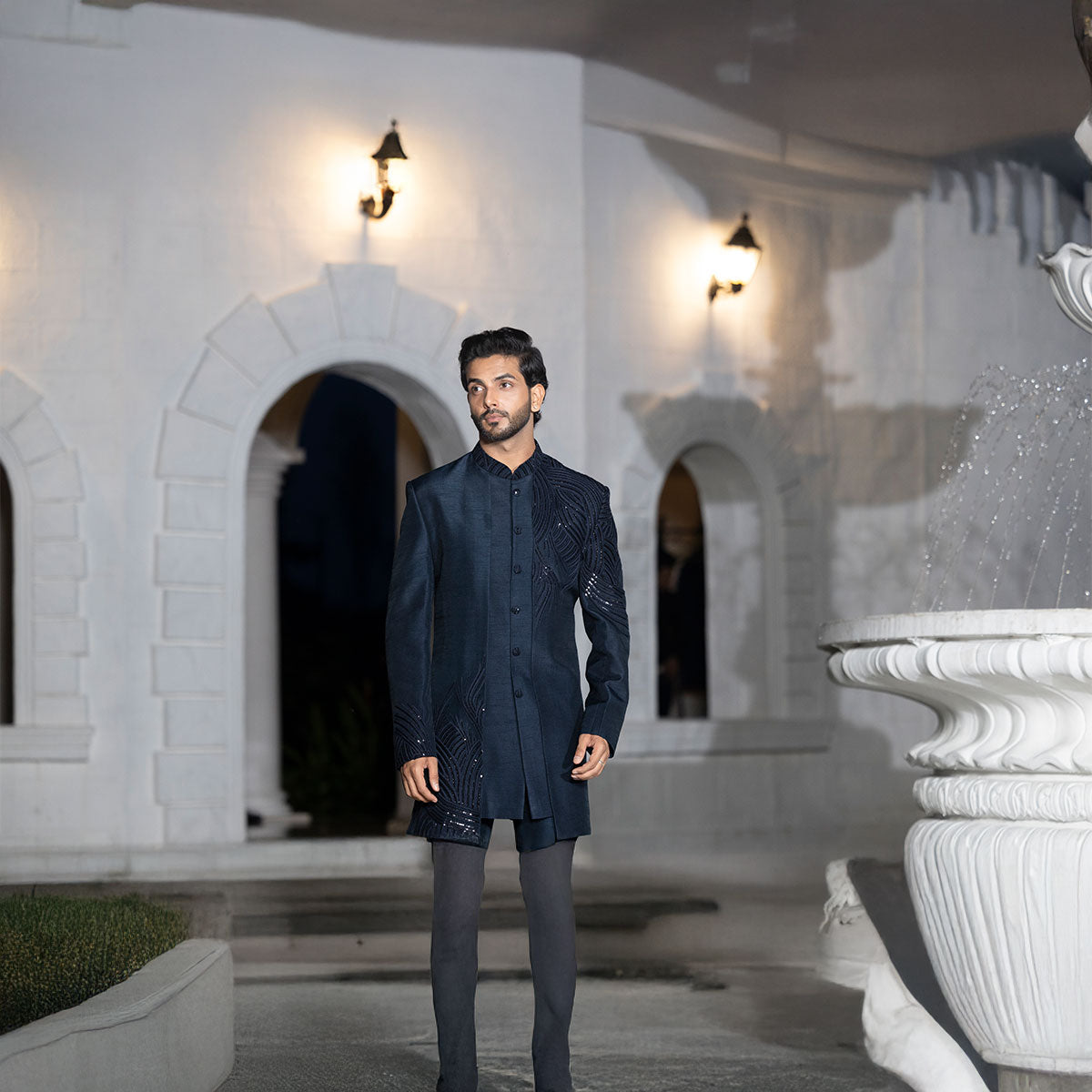 Indowestern style achkan with handwork embellishments