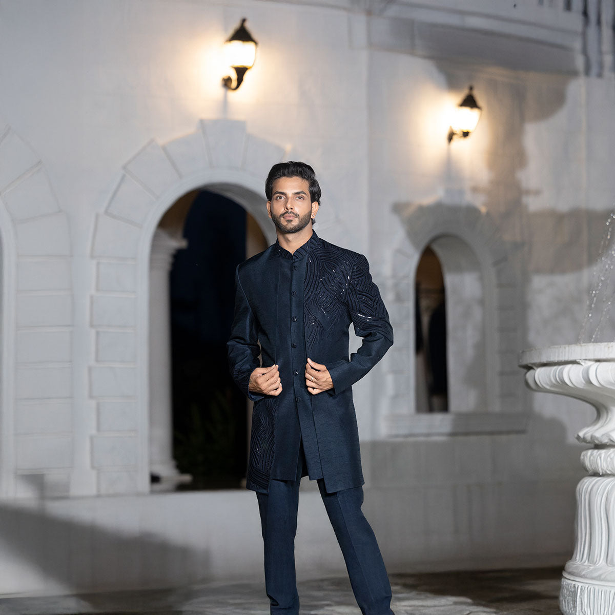 Indowestern style achkan with handwork embellishments