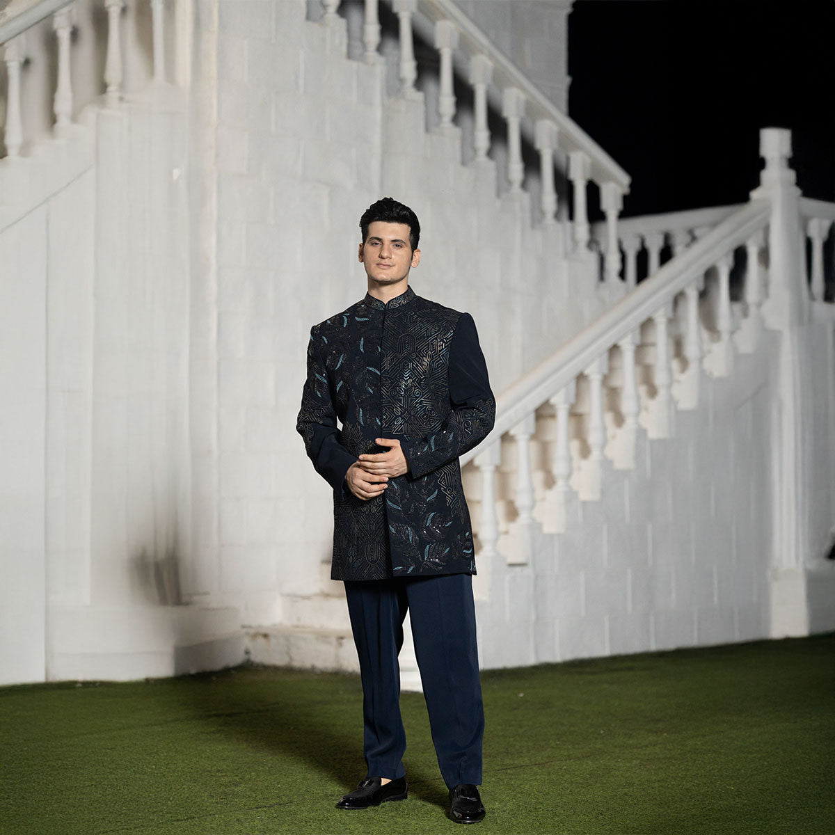 Indowestern style achkan with handwork embellishments