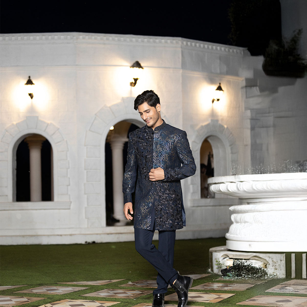 Indowestern style achkan with handwork embellishments