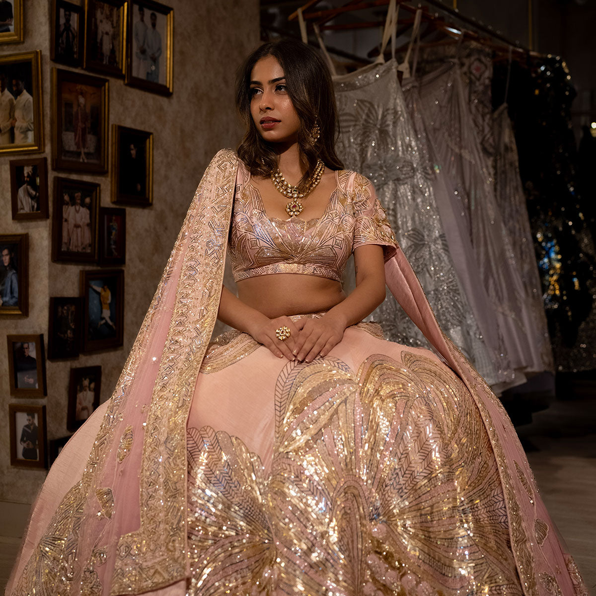 Cocktail lengha with gold highlights