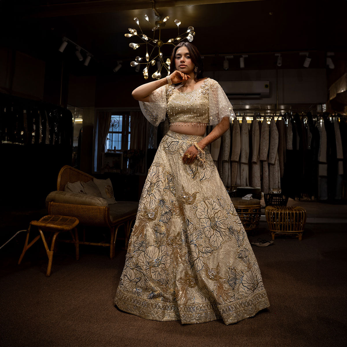 Cocktail lengha with gold highlights