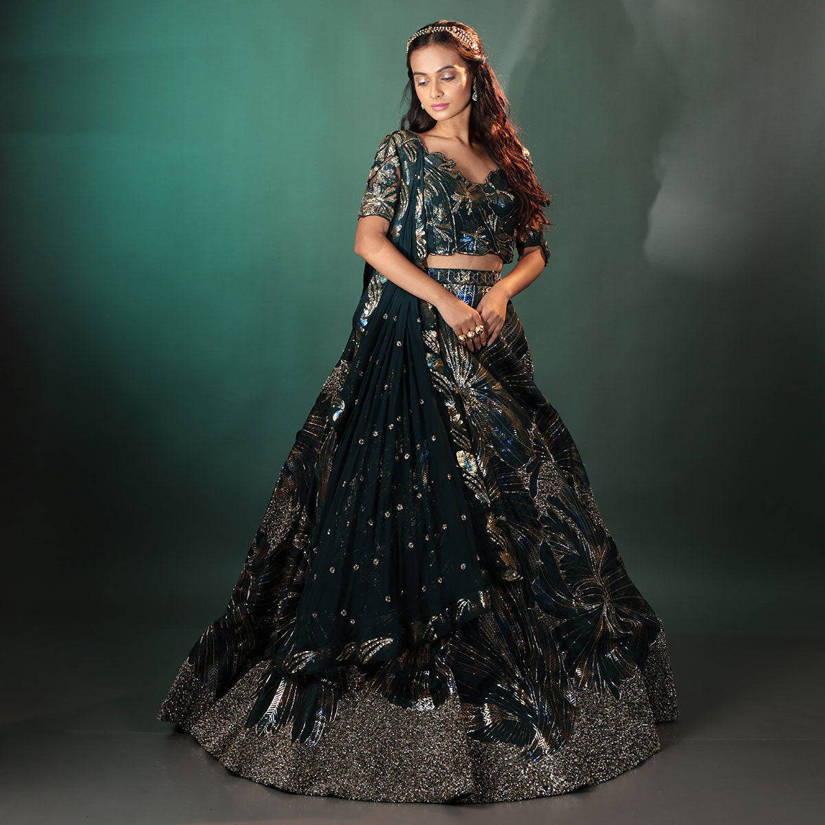 Cocktail lengha with gold highlights