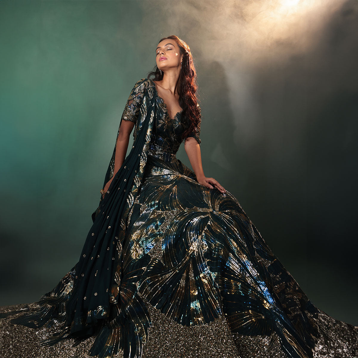 Cocktail lengha with gold highlights