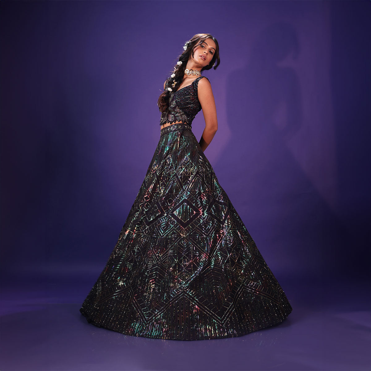 Cocktail lengha with gold highlights