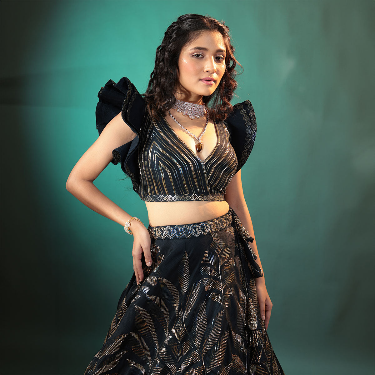 Cocktail lengha with gold highlights