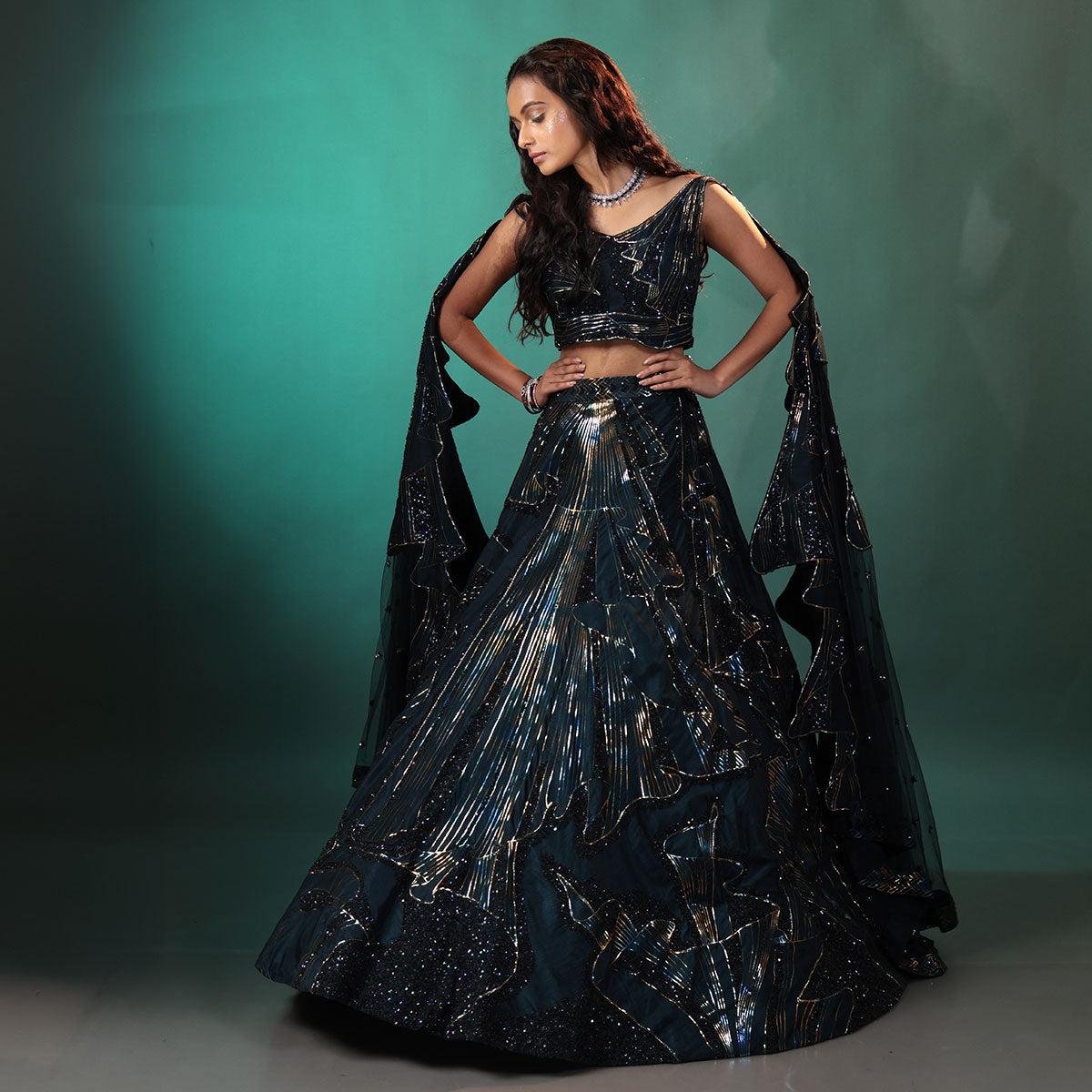 Cocktail lengha with gold highlights