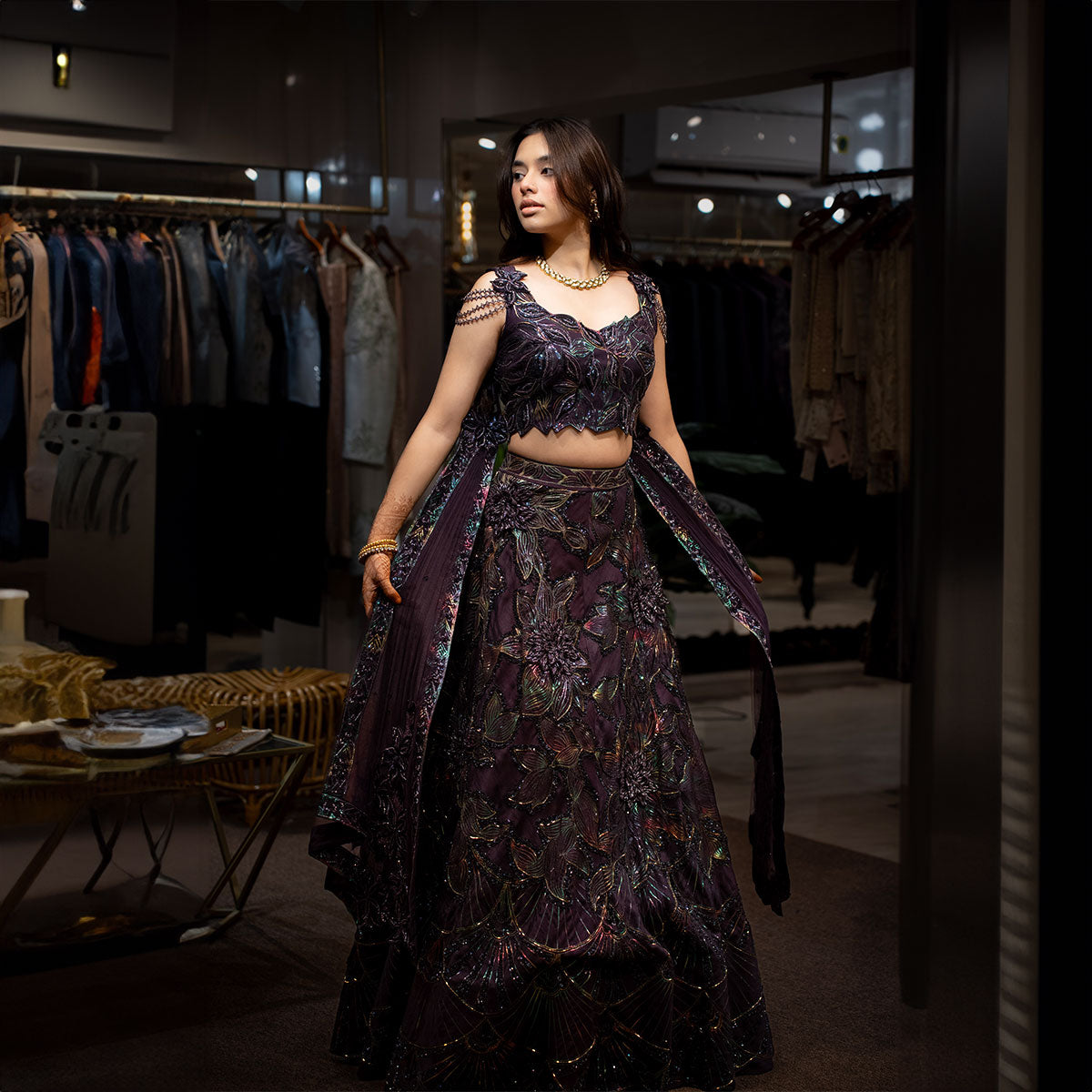 Cocktail lengha with gold highlights