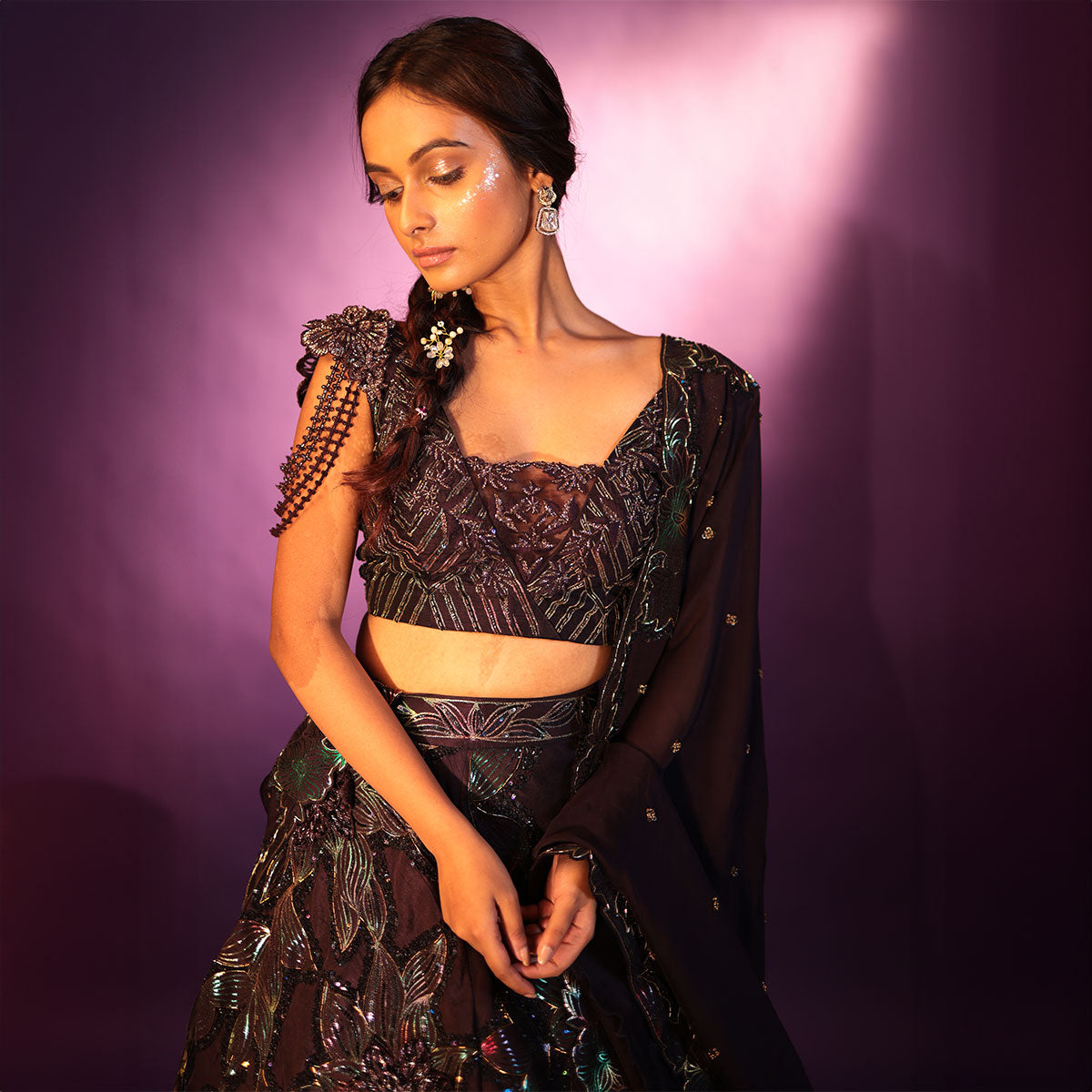 Cocktail lengha with gold highlights