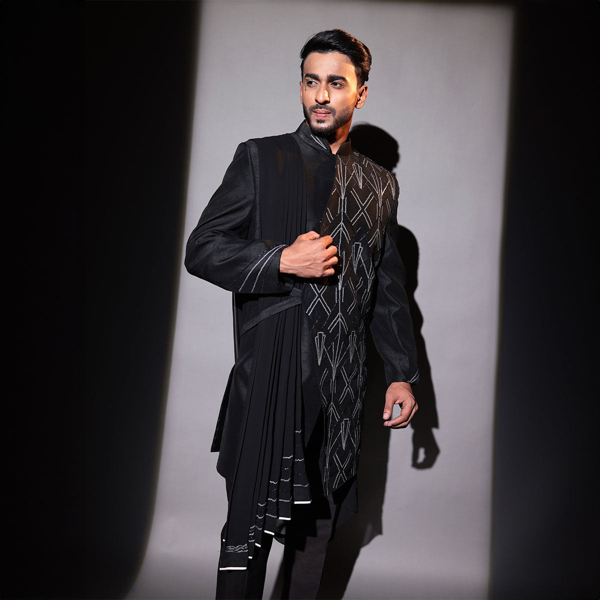 Indowestern style achkan with handwork embellishments