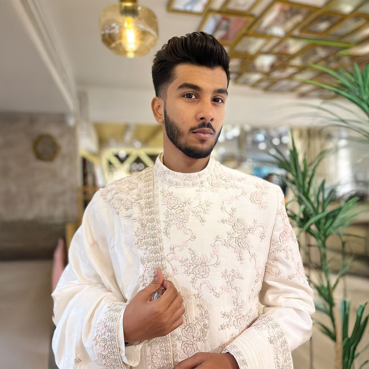 Sherwani set with intricate hand embroidery