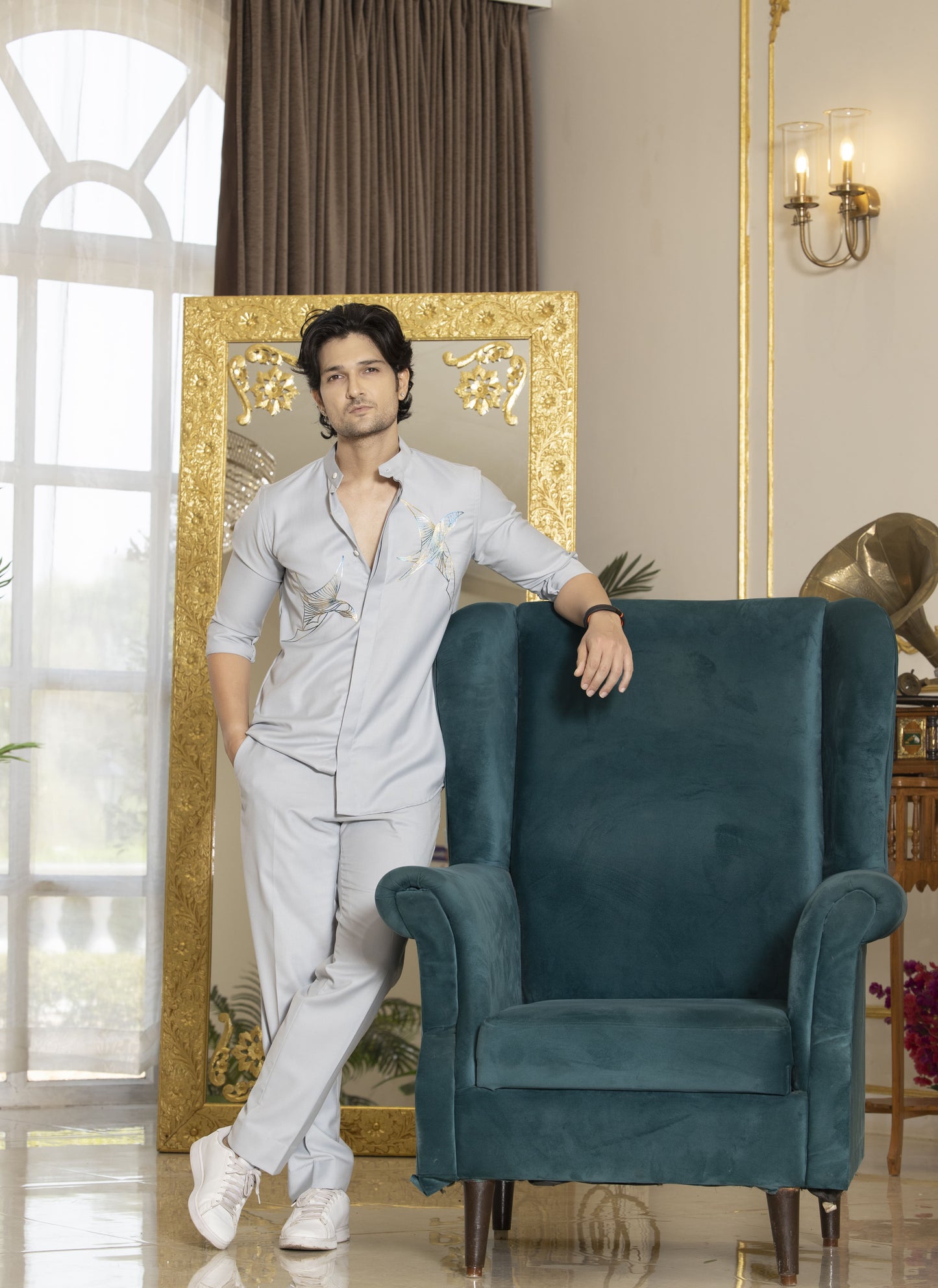 Coord-shirt with embroidery details and matching trousers