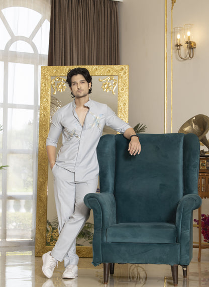 Coord-shirt with embroidery details and matching trousers