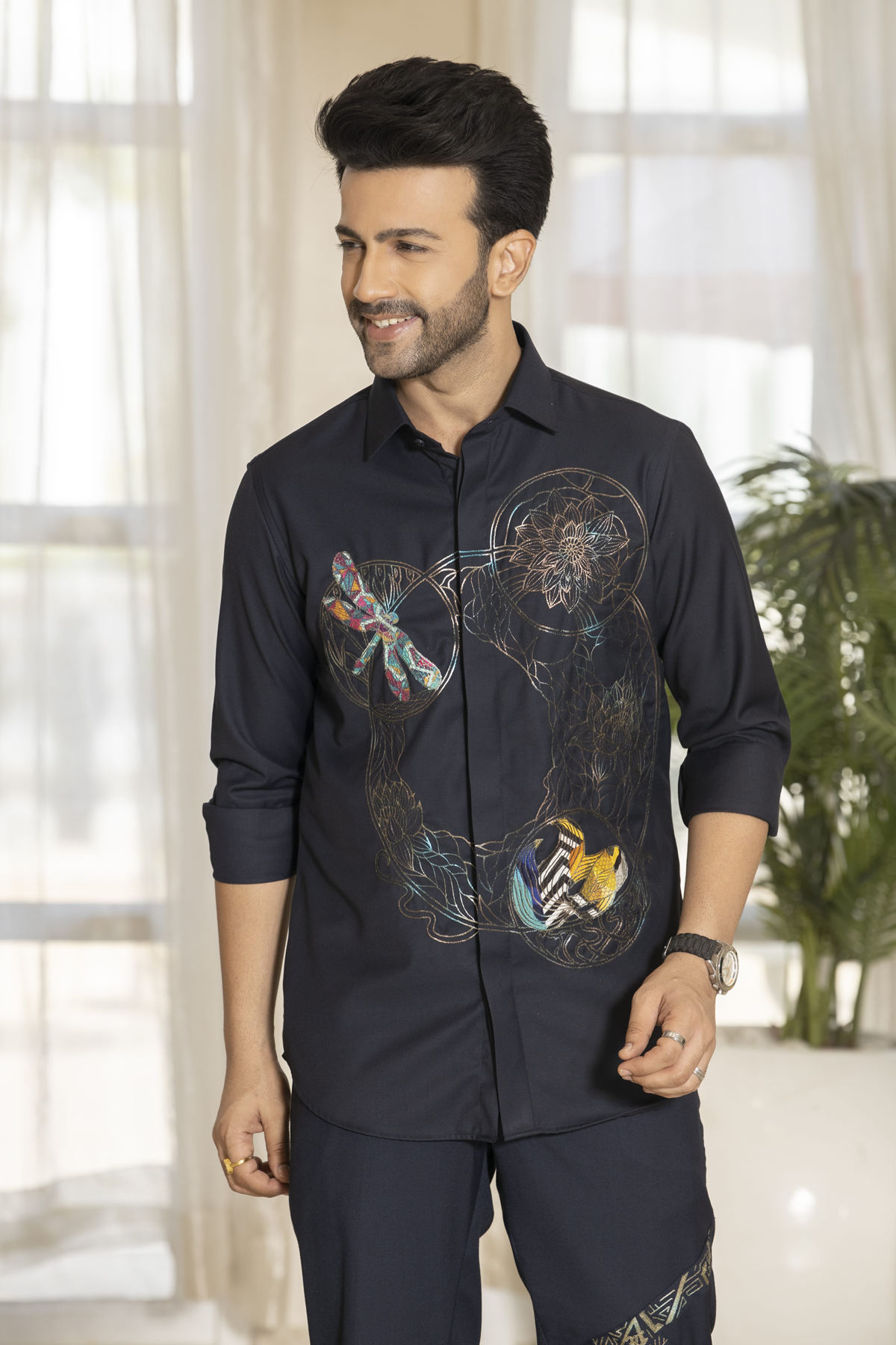 Coord-shirt with embroidery details and matching trousers