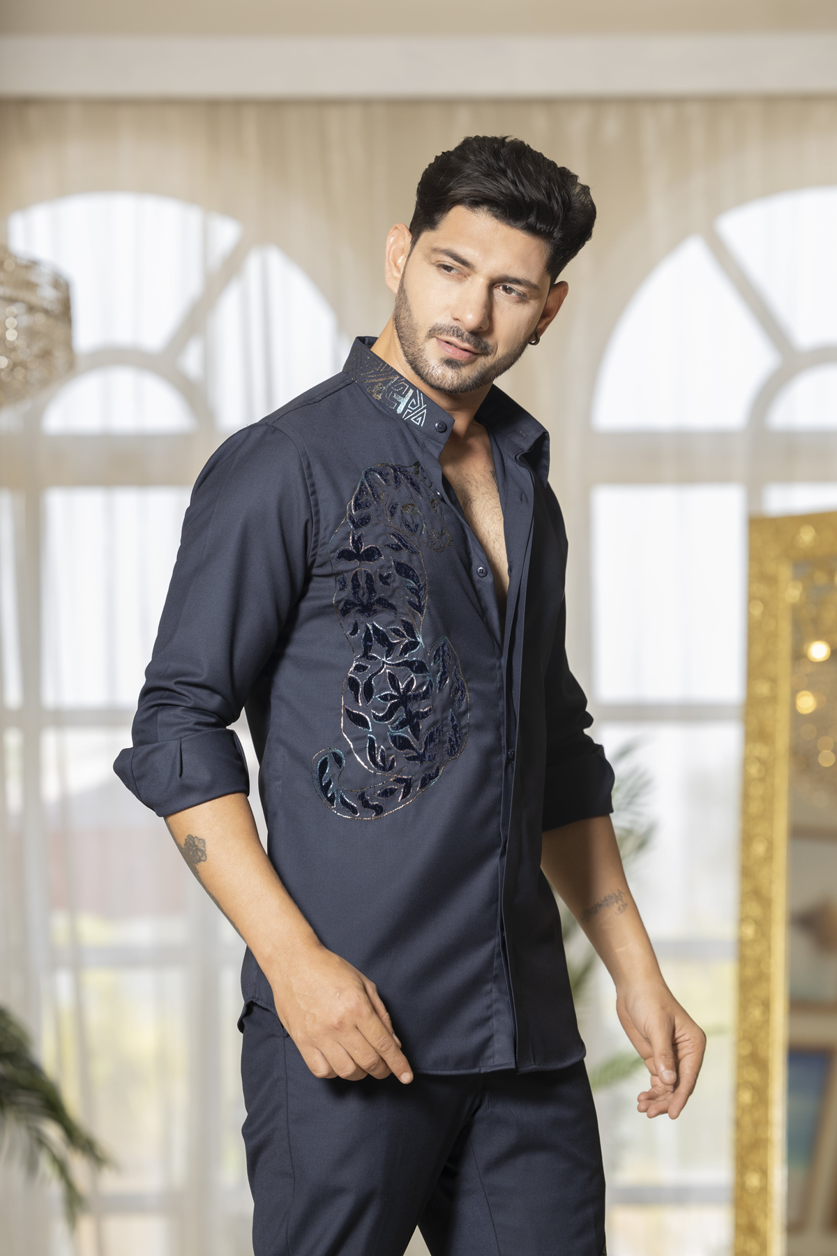 Coord-shirt with embroidery details and matching trousers