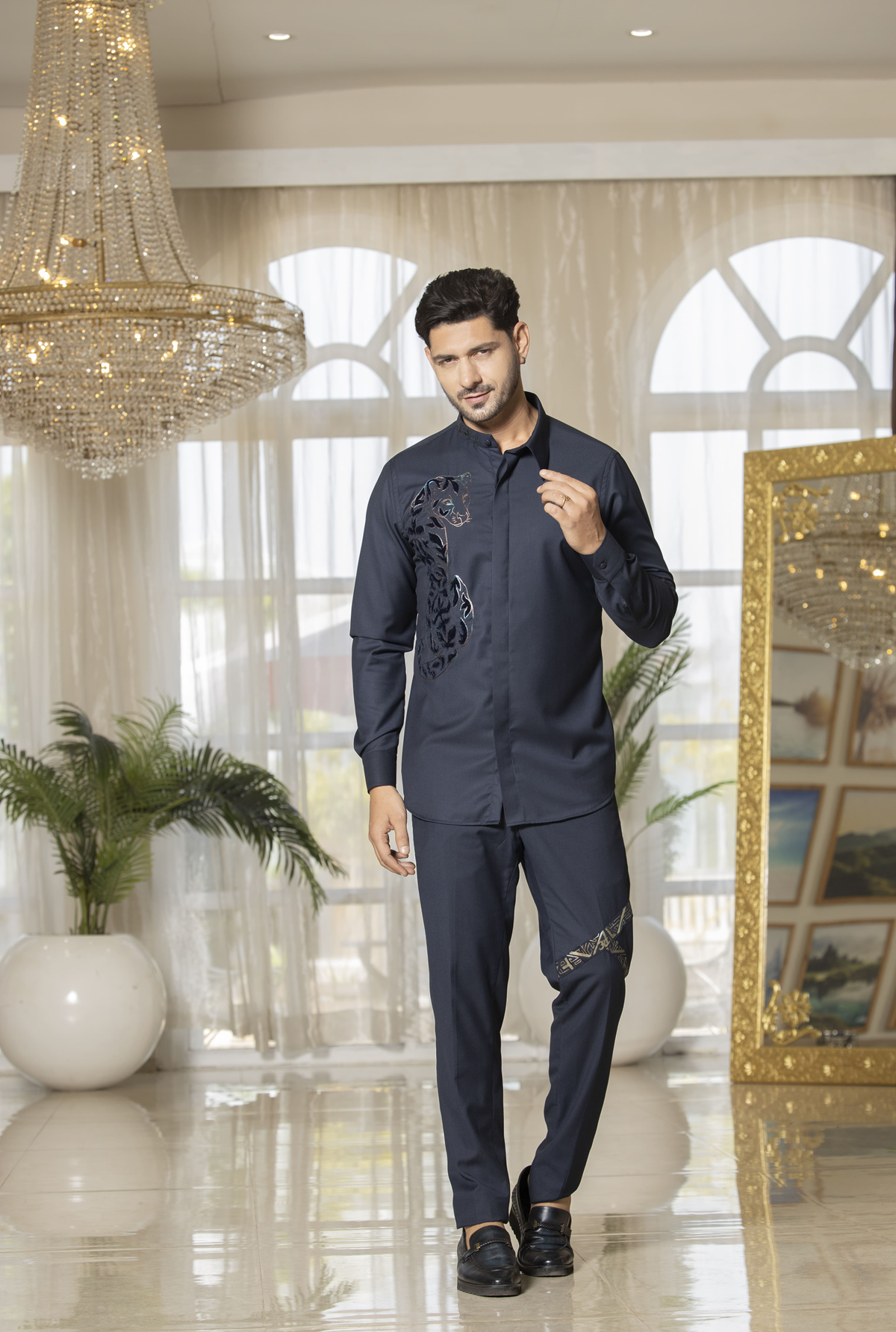 Coord-shirt with embroidery details and matching trousers